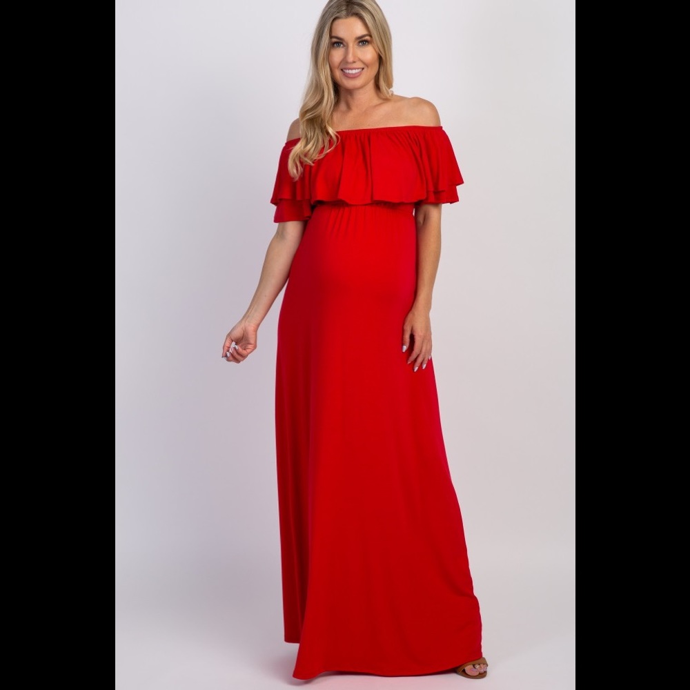 Medium Red Off Shoulder Ruffle Maternity Maxi